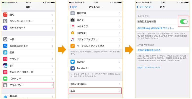 iPhoneでの設定方法「行動ターゲティング広告を停止する方法」