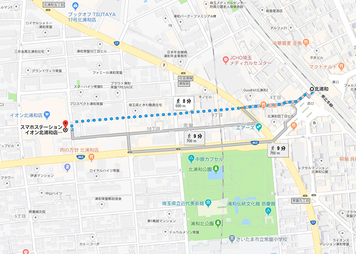 北浦和駅西口からスマホステーション北浦和店までの地図