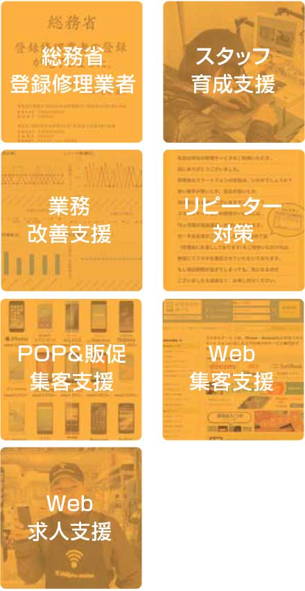 総務省登録修理業者、スタッフ育成支援、業務改善支援、リピーター対策、POP&販促集客支援、Web集客支援、Web求人支援